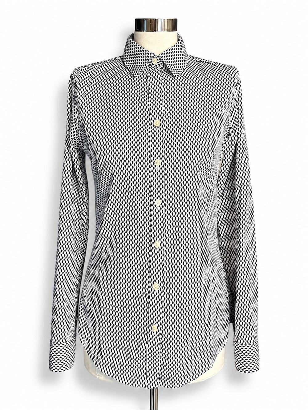 Banana Republic Non-Iron Fitted Button Front Shirt White Navy Print Size 6